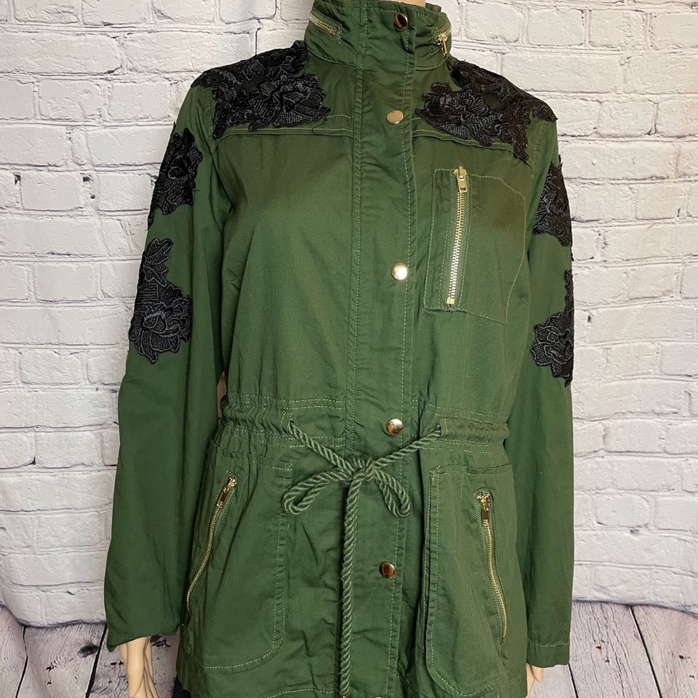 Denim 24/7 Military Green Parka Jacket Black Lace